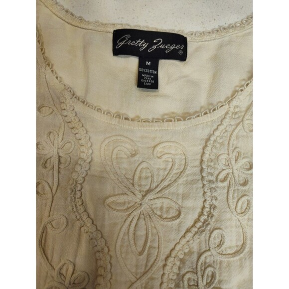 Gretty Zueger Blouse Women's Short Sleeve Tunic Lace burnout sleeves Ecru Medium - Picture 2 of 9